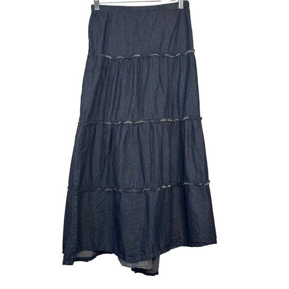 Avenue Jeans Denim Maxi Skirt Tiered Blue Lightweight Cotton Boho Size 30 32 - Picture 1 of 6